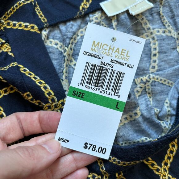 Michael Kors Navy Gold Chain Blouse Women's Large Nautical Peasant MK Logo NWT - Picture 5 of 11
